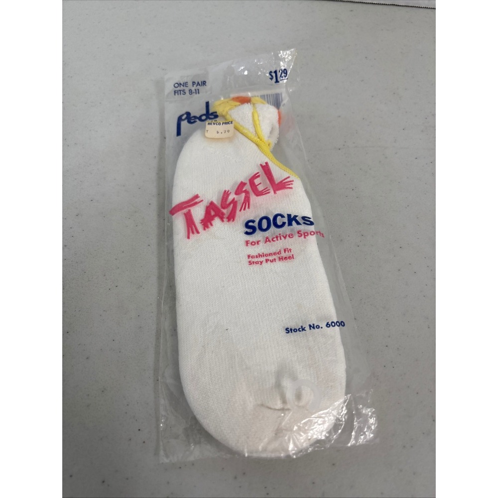 Vintage Peds Tassel Socks White Low Cut Pom‎ Pom Active Sports Stock 6000 NIP